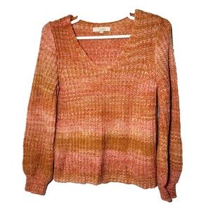 Loft Chunky Knit Pink Space Dyed V-Neck  Sweater Size Large Boho Festival